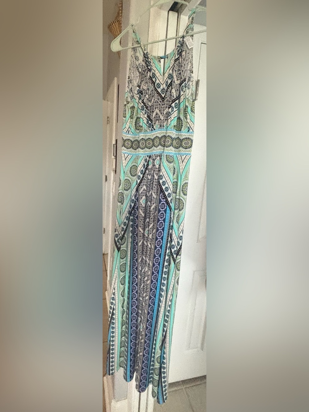 London Times Mint Green and Navy Printed Maxi Dress